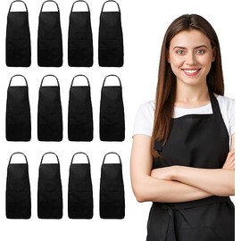 Lenenz Adjustable Bib Apron - Pack of 12 Unisex Aprons for Men - 100% Polyester Black Aprons with Pockets