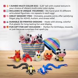 10 Articulated Figurines in Jumbo Multi-Color Egg, Autism Sensory Fidget, ADHD Stress Relief, Unique Gift Idea, Easter Basket Stuffer, Surprise Set (Multi-Color 01)