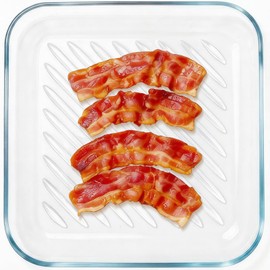 HoPliGhe Microwave Bacon Cooker Pan, Square Glass Bacon Tray for Microwave and Oven 9.84inch, Cook Crispy Strips in Minutes, No Mess, Easy to Clean