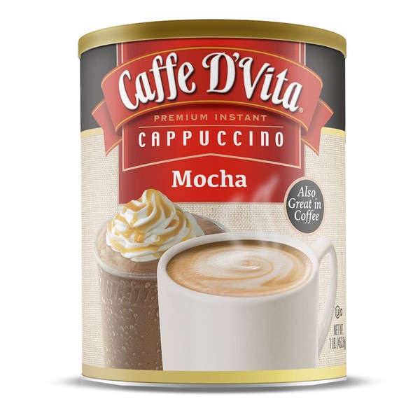 Caffe D’Vita Mocha Cappuccino Mix - Mocha Powder Mix, Instant Cappuccino Mix, Gluten Free, No Cholesterol, No Hydrogenated Oils, No Trans Fat, 99% Caffeine Free, Mocha Mix - 16 Oz Can, 6-Pack