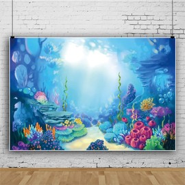 Renaiss 2.2 x 1.5 m Cartoon Seabed Background Colourful Underwater World Coral Sea Photography Background Children Little Mermaid Theme Birthday Party Decorations Vinyl Photo Studio Props