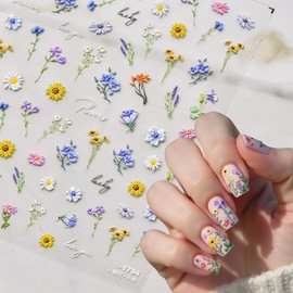 5D Embossed Flowers Nail Art Stickers Flower Nail Stickers for Nail Art Decoration Summer Floral Leaf Daisy Nail Decals Self-Adhesive Flower Nails Art Supplies for Women Girls
