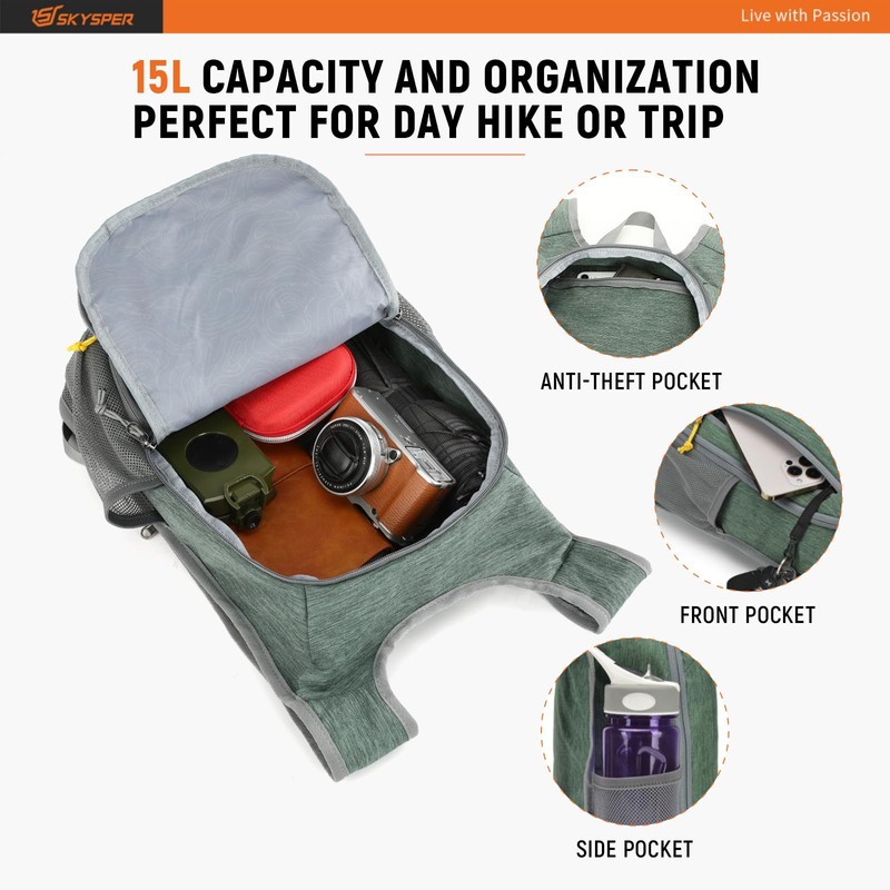 SKYSPER Small Daypack 10L/15L/20L Hiking Backpack Packable Lightweight Travel Day