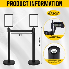 Therwen 8 Pcs Crowd Control Stanchions Set and Stanchion Post Sign Holders Crowd Control Barrier with 8.2 ft Retractable Belt Easy to Assemble Line Dividers Queue Ropes and Poles (Black)