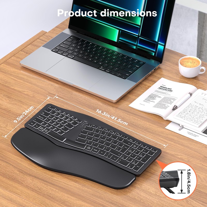 MOKURU Wireless Ergonomic Keyboard, Split Keyboard with Wrist Rest, Full