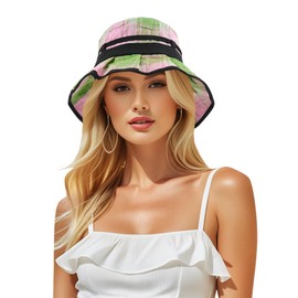 DOCILA Fresh Pink Green Plaid Tartan Bucket Hat Womens Crushable Summer Sunshade Caps Sweet Beach Travel Fisherman Hats