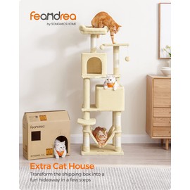 Feandrea Cat Tree, 61-Inch Cat Tower for Indoor Cats, Plush Multi-Level Cat Condo with 5 Scratching Posts, 2 Perches, 2 Caves, Hammock, 2 Pompoms, Grass Green UPCT192C02