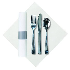 Hoffmaster 119956 Silver Metallic Cater Wrap Pre-rolled Linen-Like Napkin with heavyweight Knife, Fork and Spoon set (Each case has 100 pieces) (Pack of 100)