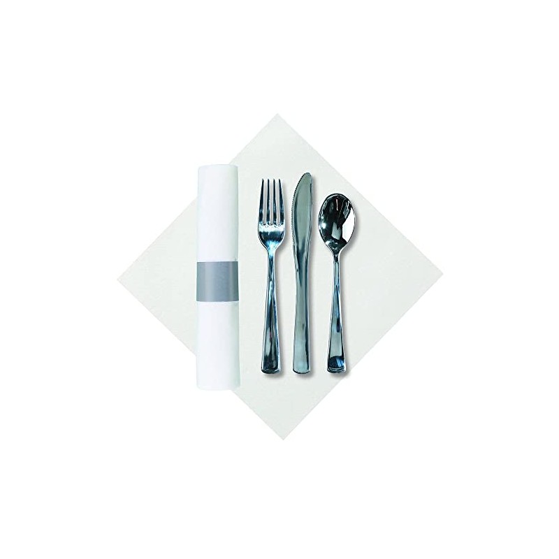 Hoffmaster 119956 Silver Metallic Cater Wrap Pre-rolled Linen-Like Napkin with
