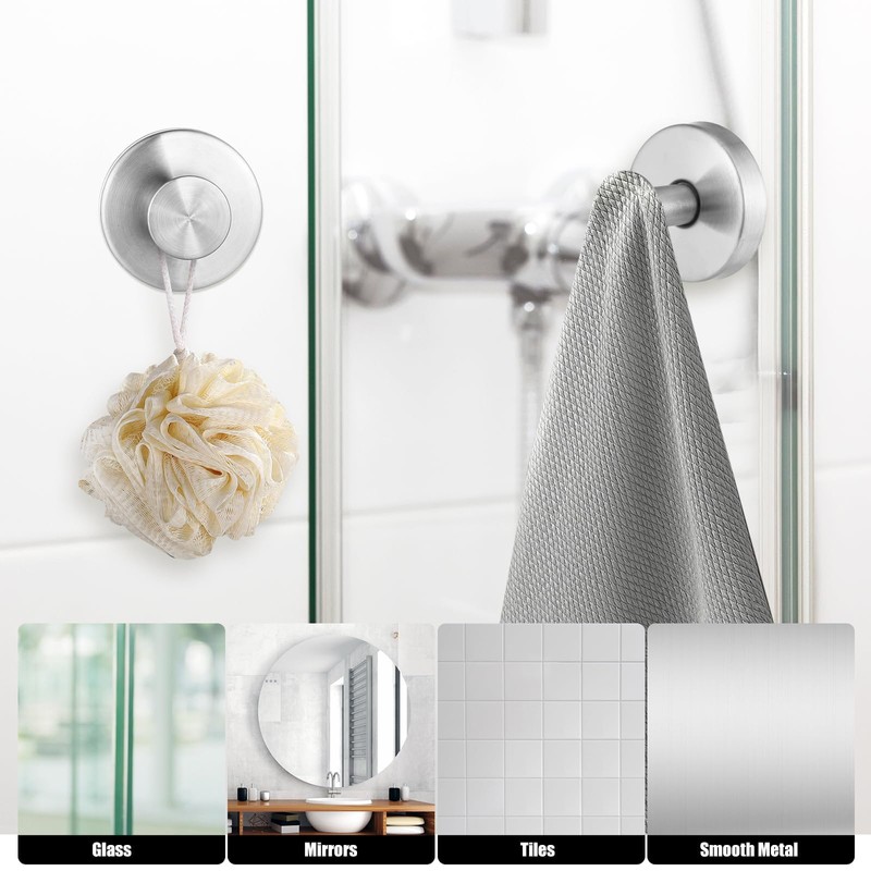 Hshenjhu Pack of 4 Suction Cup Hooks, Silver No Drilling
