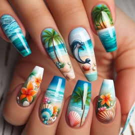 24Pcs Coconut Tree Dolphin Press on Nails Long Length Shell Flower and Waves Pattern Design Summer Beach Acrylic Fake Nail Full Cover Glossy Artificial Fingernails Reusable Glue on Nails for Women