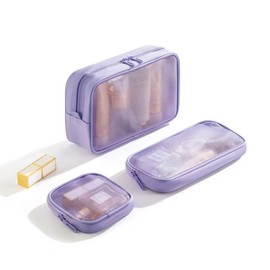 Clear Travel Makeup Bags Set, 3-Piece Toiletry Organizer Pouches, Purple