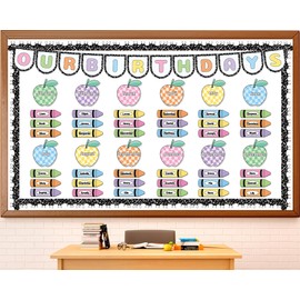 Classroom Birthday Bulletin Board Set Composition Notebook Classroom Decor Pastel Crayon Birthday Calendar Chart Checkered Apple Cutouts Name Tags for Back to School Office Chalkboard Wall Door Decor