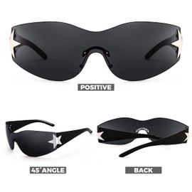 FEISEDY Y2K Wraparound Sunglasses Women's Punk Rimless Glasses with Star Shape Tag Futuristic and Techno Style B9090, black