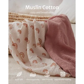 Blissful Diary Muslin Crib Sheets for Girl Boy, Boho Neutral Soft Cotton Baby Sheet for 52''x28'' Standard Crib Mattress, 2 Pack, Dusty Pink&Rainbow