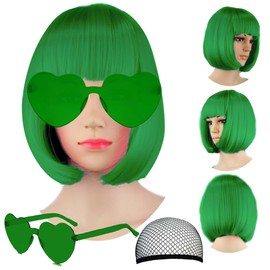 Short Bob Hair Wigs Straight with Flat Bangs Synthetic Colorful Cosplay Daily Party Neon Wig for Women + Free Wig Cap 12" Natural As Real (Dark Green)