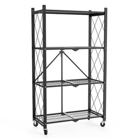 FREGREE 50" H 4 Tier Foldable Storage Shelf with Wheels, Folding Shelving Loads 400 LBS, Metal Steel Garage Shelves, Rolling Standing Utility Rack for Kitchen, Pantry, Office, Black