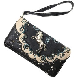 Zelris Western Mustang Horse Turquoise Women Crossbody Wrist Trifold Wallet (Black)