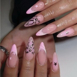 Nude Pink Press on Nails Medium Almond Fake Nails with 3D Bow Charms Star Designs Cute False Nails Pink White French Stick on Nails Full Cover Summer Artificial Nails for Women and Manicure 24Pcs