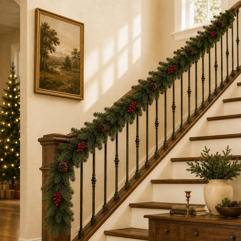 9 FT Artificial Christmas Garland with Berry and Pinecone Accents