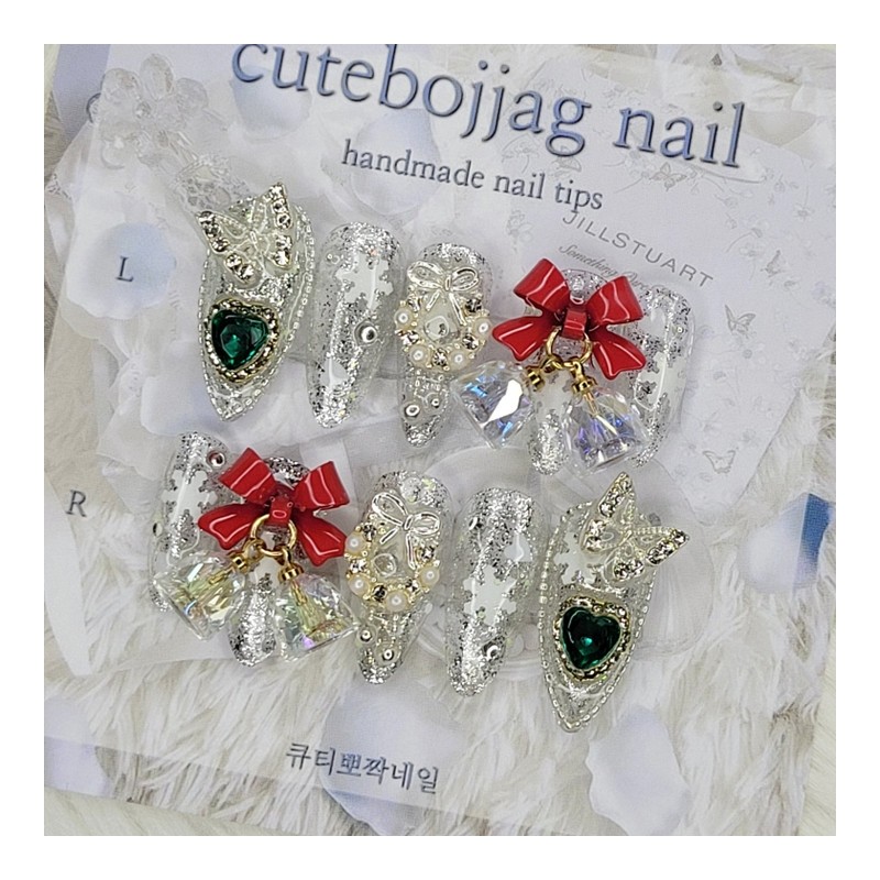 Christmas Jingle Bell Handmade Nail Tips - Coffin Egg /