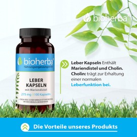 LEBER Kapseln mit Mariendistel & Cholinbitartrat – Mit Cholin zur Unterstützung der normalen Leberfunktion | Pflanzliche Rezeptur | 100 Kapseln | Von BIOHERBA