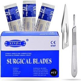 VISION TEK MED Pack of 100 Blades #11, Scalpel Blades for Knife Scalpel, High Carbon Steel Dermablade Blades. Individually Wrapped, Sterile + Free 1 Handle #3