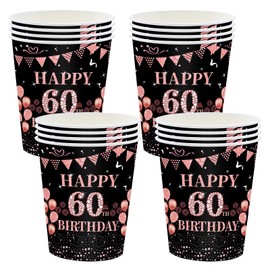 16Pack Paper Cups 60th Birthday,Black Rose and Gold Cups 235ml,Disposable Party Cups Paper Cups Black Rose Gold 60th Birthday Cups Party Tableware for Women,Kids,Her 60th Birthday Party Supplies Table