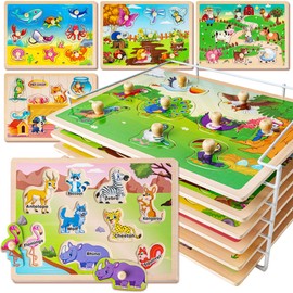 SYNARRY Wooden Puzzles for Toddlers 1-3, 6XSET Animals Puzzles for Toddlers 2-4 with Rack, Toddler Puzzles Ages 2-4, Kids Learning Educational Montessori Toys for 2 3 Year Old, Gifts for Boys Girls