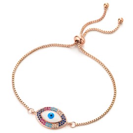 COOLSTEELANDBEYOND Womens Rose Gold Steel Box Link Chain Bracelet with Colorful CZ Protection Evil Eye, Adjustable(CA)