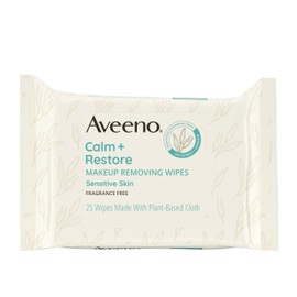 Aveeno Calm + Restore Unscented Makeup Remover Face Wipes, Fragrance Free Facial Cleansing Towelettes with Oat Extract & Calming Feverfew Leave Skin Feeling Soothed, Alcohol Free, 25 ct