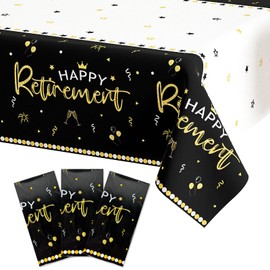 UNIIDECO 3 Pack Happy Retirement Tablecloth Disposable Tablecloth Retirement Party Decorations Plastic Table Cover for Going Away Farewell Goodbye Party 54 x 108 Inch (Black and Gold)