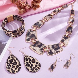 UNICRAFTALE about 1 Set Bohemia Leopard Jewelry Set for Women Leopard Print Necklace Multilayer Leather Wrap Bracelets 2 Pairs Teardrop Leather Earrings Trapezoid Earrings for Cosplay Party Costume