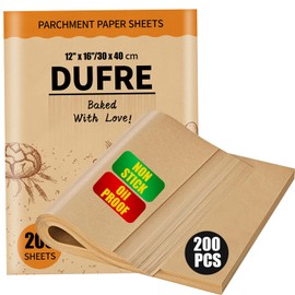Dufre 200 Pcs Parchment Paper Sheets,12x16INCH Heavy Duty No-Stick No-Leak Unbleached Baking Paper Pre-cut for Air Fryer,Bakeware,Half Sheet Pans,Grilling,Oil-proof Parchment Sheets