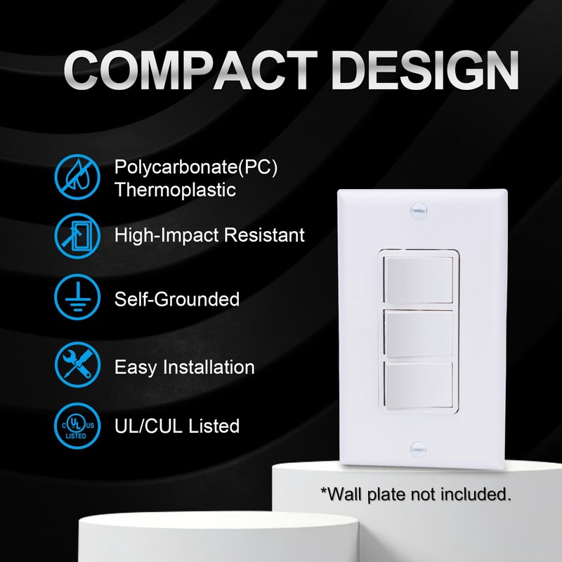 Baomain 2-Pack Triple Rocker Light Switch, 15A 120V Single Pole,