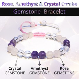 Amethyst Rose Quartz Clear Quartz Bracelet Natural Healing Crystal Bracelet for Women, Men 8mm Round Beaded Bracelet for Healing, Protection, Positivity, Adjustable Size Gemstone Bead Bracelet