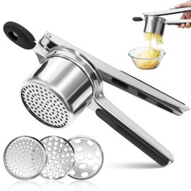 Stainless Steel Potato Press, Thickened Potato Masher with 3 Hole Discs, Multi-Purpose Potato Masher, Spaghetti Ice Cream Press for Mashed Potatoes, Vegetable Porridge, Baby Food, Juicing