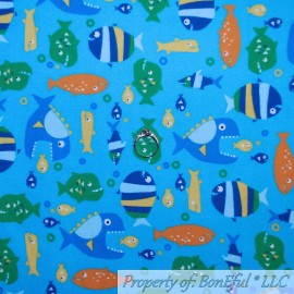 Michael Miller BonEful Fabric FQ Cotton Quilt Flannel VTG Aqua Blue Orange FISH Sea Ocean Water