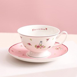 fanquare British Tea Cup and Saucer Set of 1, 200ml Pink Floral Coffee Cup and Saucer, Cute Rabbit Ceramic Cup Afternoon Tea Party Gifts for Women Girls