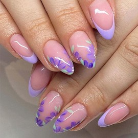 French Tip Press On Nails Almond Fake Nails Medium False Nails With Flower Design Purple Acrylic Nails Artificial Full Cover Nails Glossy Spring Glue On Nails Cute Stick On Nails For Women 24pcs