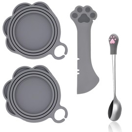 SJANE 4 Pcs Cat Food Can Spoon & Can Covers | Cute Paw Silicone Pet Food Can Opener Spatula & Can Lids | Stainless Steel Wet Food Spoon for Cats and Dogs(Grey)