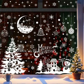 jiaguan Christmas Window Stickers - 9 Sheets Reusable Static Window Clings, Double PVC White Snowflake & Santa Xmas Stickers for Christmas Home, Door & Window Decorations(202Pcs)