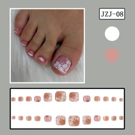 White French Tip Press on Toenails Short Square Fake Toe Nails with Flower designs Acrylic Stick on Toenails Glitter Rhinestones Full Cover Pink False Toenails Glue on Toenails for Women Summer 24pcs