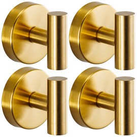 Fenas Suction Cup Hooks for Shower - Bathroom Reusable Hooks for Towels, Robes & Loofah - No-Drill Mounting on Kitchen,Walls,Metal,Glass,Mirrors,Tile & Smooth Non-Porous Surfaces (4, Brushed Gold)