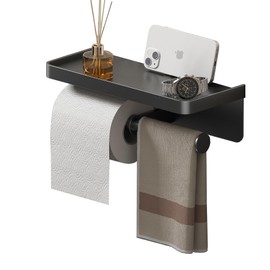 Double Toilet Paper Holder with Shelf, Commercial Toilet Paper Towel Holder Wall Mount, Tissue Roll Holder for Bathroom Kitchen RV, Double Tissue Roll Rack with Adhesive & Screw (Matte Black)