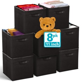 Reli. 11 Inch Cube Storage Bins (8 Pack) | Cube Organizer Bins | 11x11 Fabric Storage Boxes | Collapsible, Foldable Fabric Cubby Box (Square) | Kids Room Organization (Black)