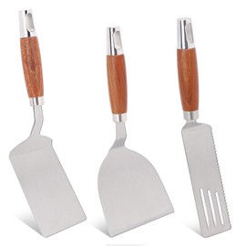 Svailse 3Pcs Stainless Steel Spatula Set, Heavy Duty Metal Turners with Wooden Handle for Cooking, Griddle Scraper for Cast Iron Skillet, Solid Flipper for Frying Steak, Burger & Serving Desserts