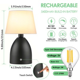 GGOYING Cordless Table Lamp Set of 2, Small Rechargeable Desk Lamp, 4-Level Brightness Bedside Nightstand Lamps for Bedroom, Kid’s Room, Nursery, Reading Living Room,Black