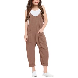 Girls Casual Jumpsuits Spaghetti Strap Sleeveless Loose Romper Long Pants with Pockets Kids Clothes Khaki