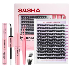 SASHA Kit de Pestañas Postizas DIY, 144 Pestañas Individuales Racimos, con Longitud de 9-18mm, Curvatura Tipo D, Grosor de 0.07mm，Incluye 4 en 1 Herramienta Lash Bond y Seal y Remover y Pinzas